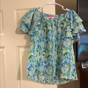 Floral Ruffle Sleeve Top - Blue and Green